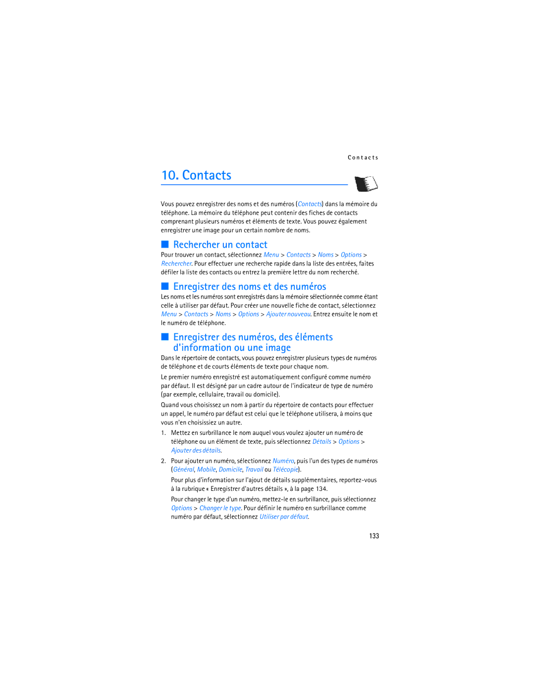 Nokia 6275i manual Rechercher un contact, Enregistrer des noms et des numéros, 133 