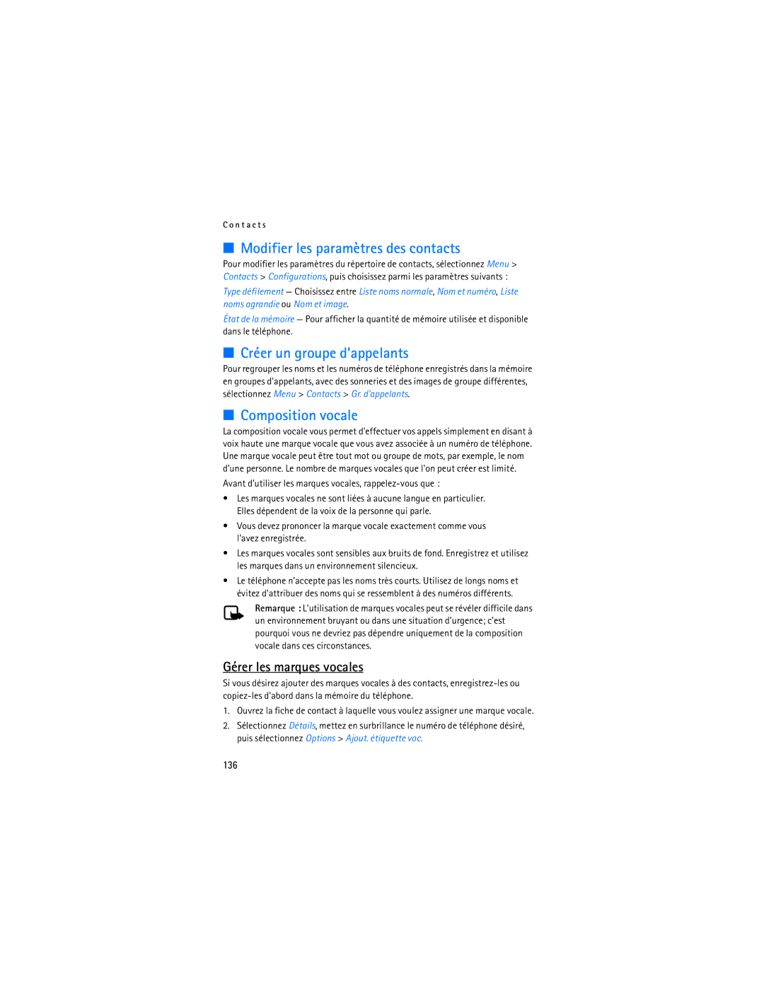 Nokia 6275i manual Modifier les paramètres des contacts, Créer un groupe d’appelants, Composition vocale, 136 