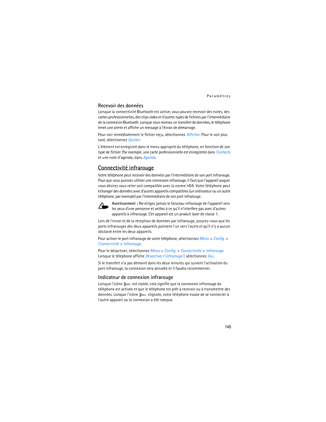 Nokia 6275i manual Connectivité infrarouge, 145 