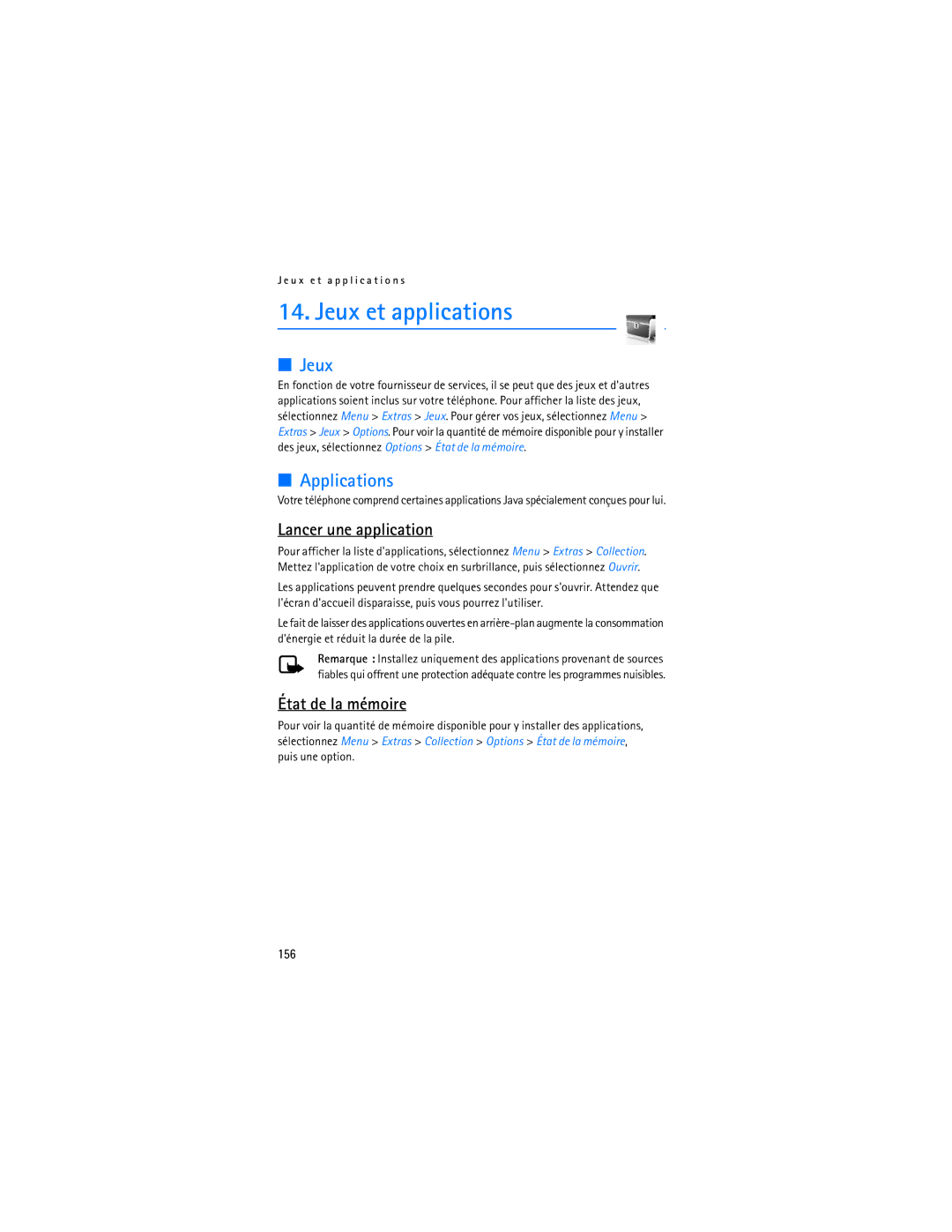 Nokia 6275i manual Jeux et applications, Lancer une application, État de la mémoire, 156 