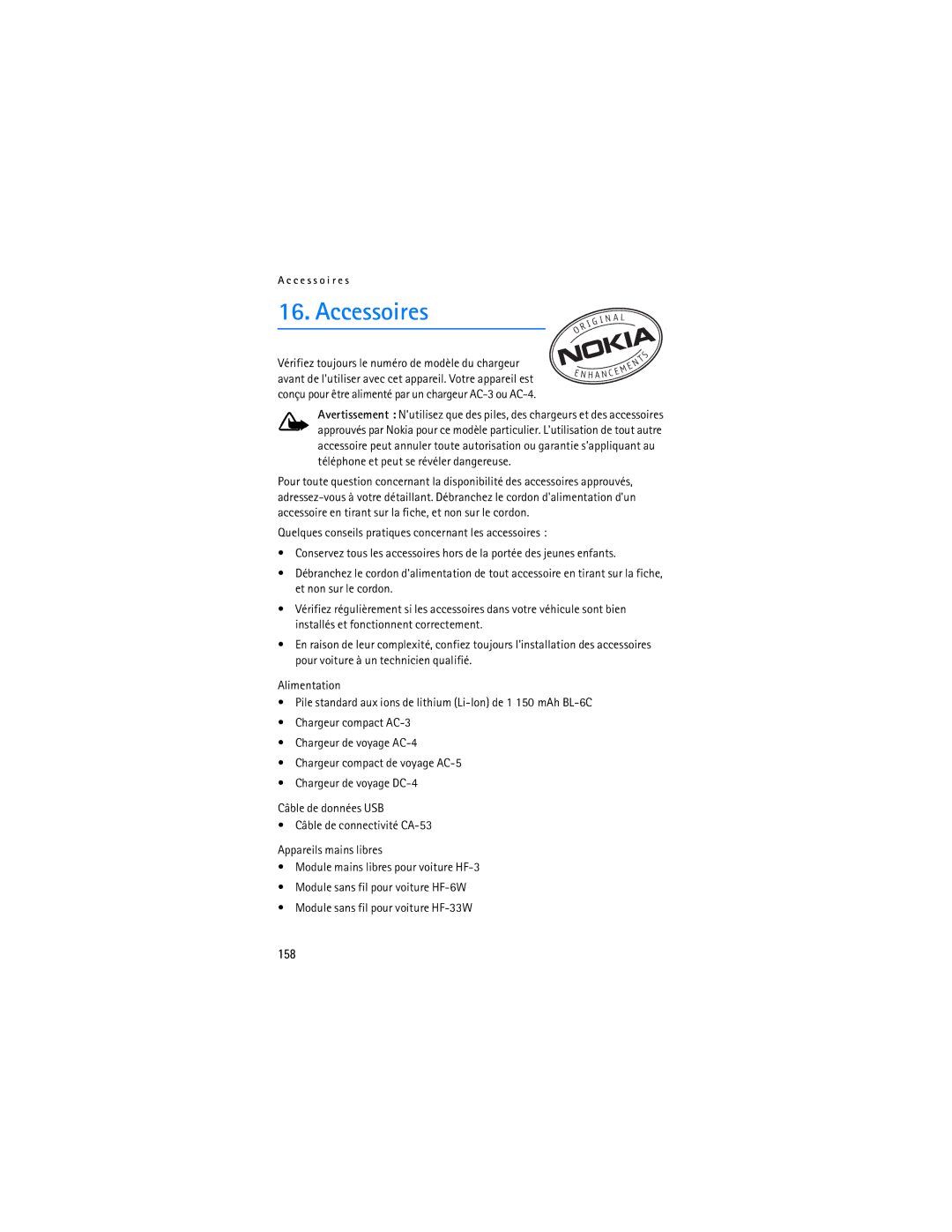 Nokia 6275i manual Accessoires, 158 