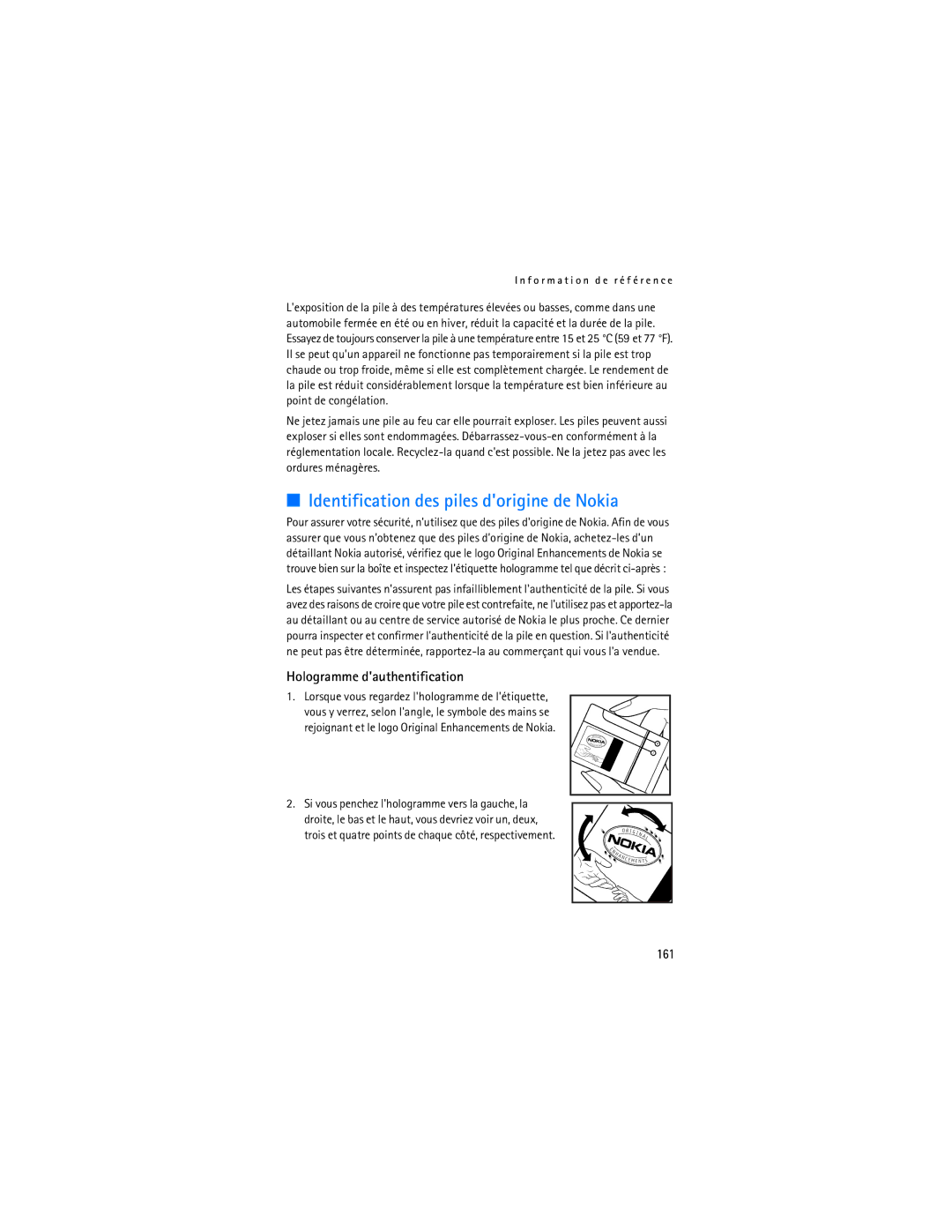 Nokia 6275i manual Identification des piles dorigine de Nokia, Hologramme dauthentification, 161 