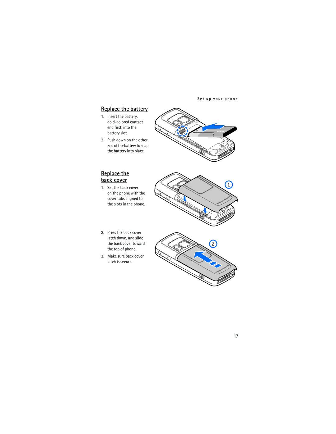 Nokia 6275i manual Replace the battery, Replace the back cover, Set the back cover 