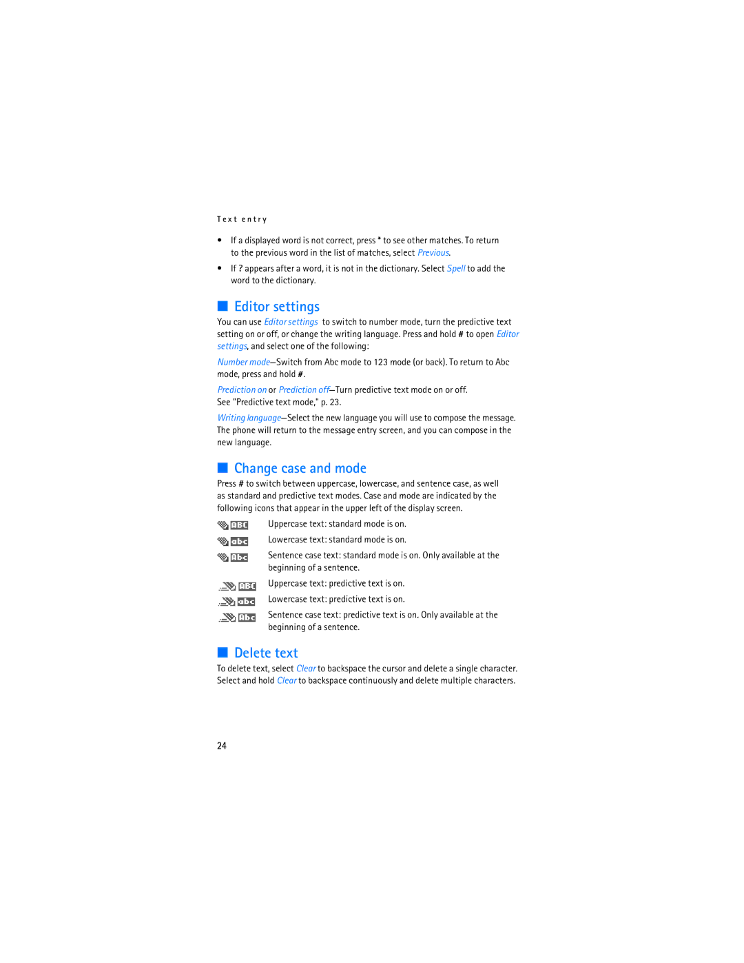 Nokia 6275i manual Editor settings, Change case and mode, Delete text 