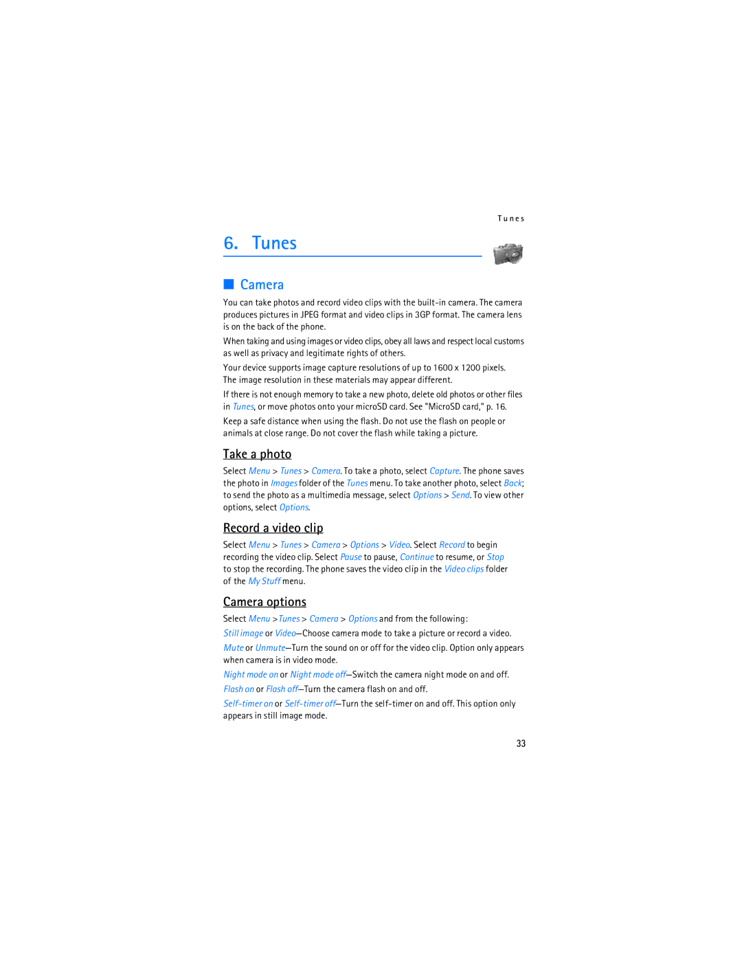 Nokia 6275i manual Tunes, Take a photo, Record a video clip, Camera options 