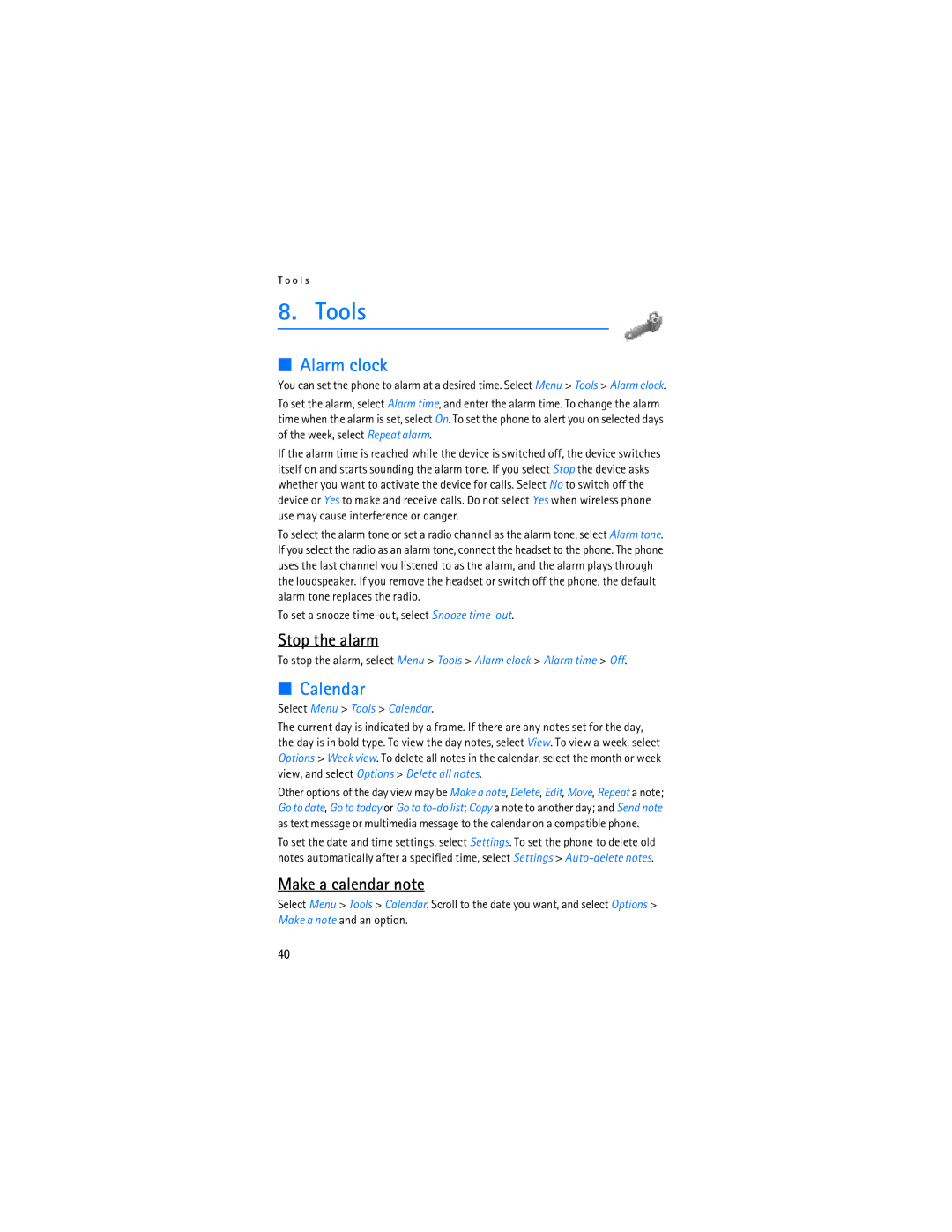 Nokia 6275i manual Tools, Alarm clock, Calendar, Stop the alarm, Make a calendar note 
