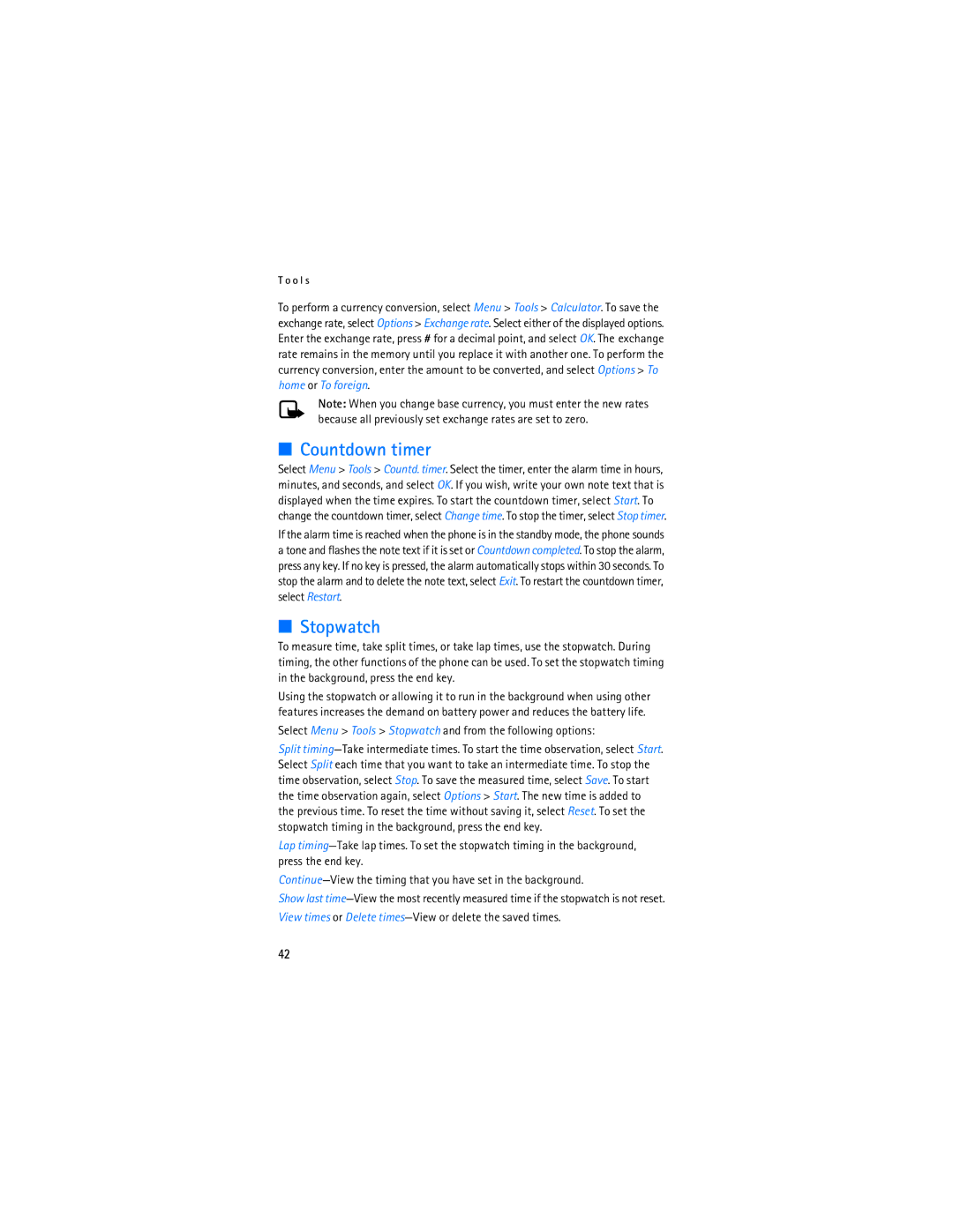 Nokia 6275i manual Countdown timer, Select Menu Tools Stopwatch and from the following options 
