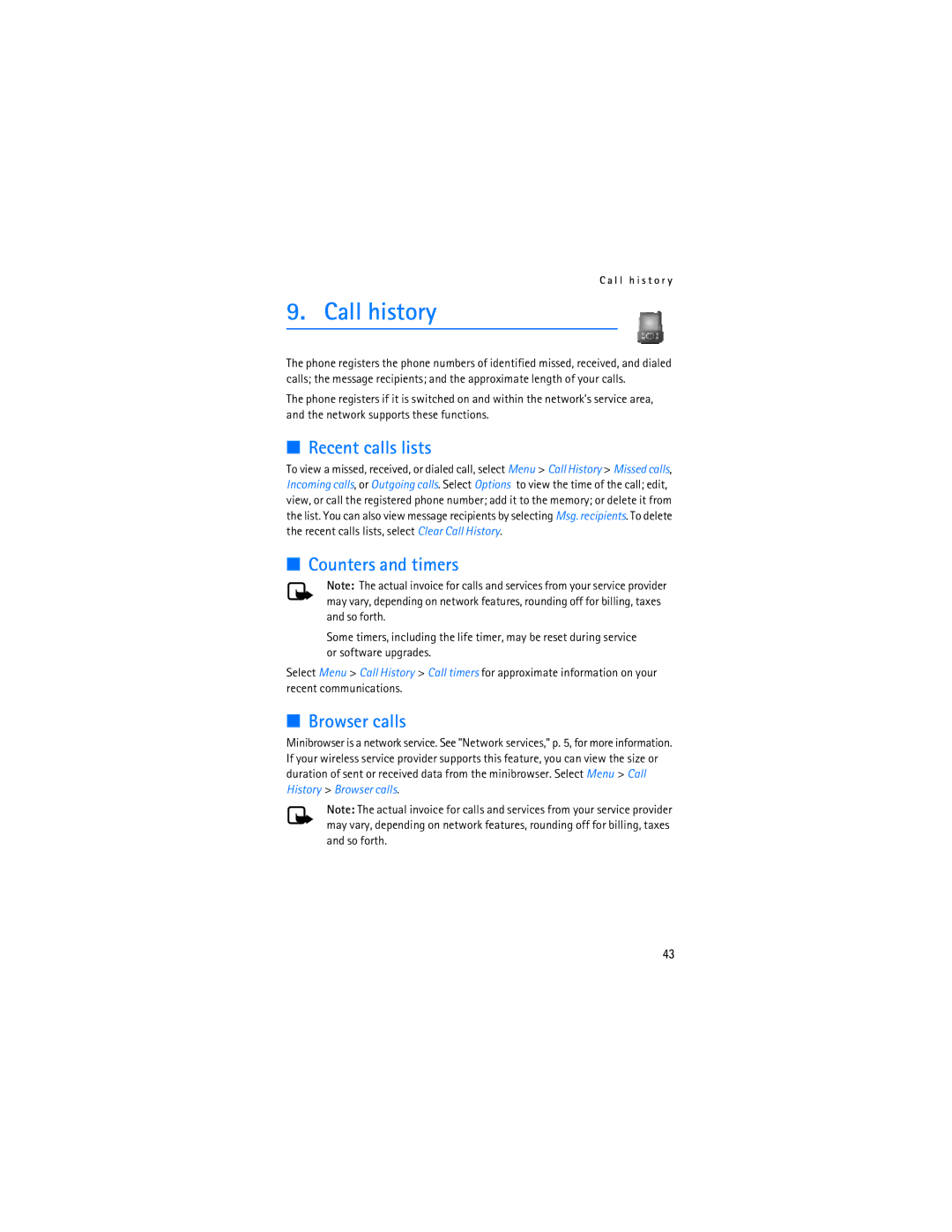 Nokia 6275i manual Call history, Recent calls lists, Counters and timers, Browser calls 