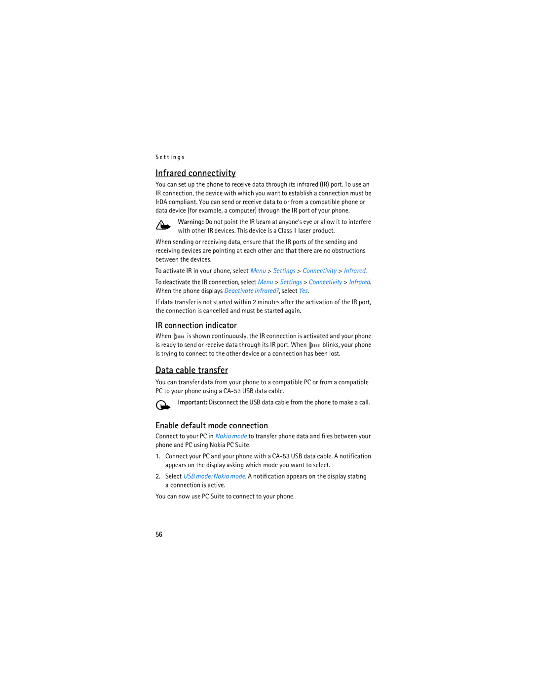 Nokia 6275i manual Infrared connectivity, Data cable transfer 