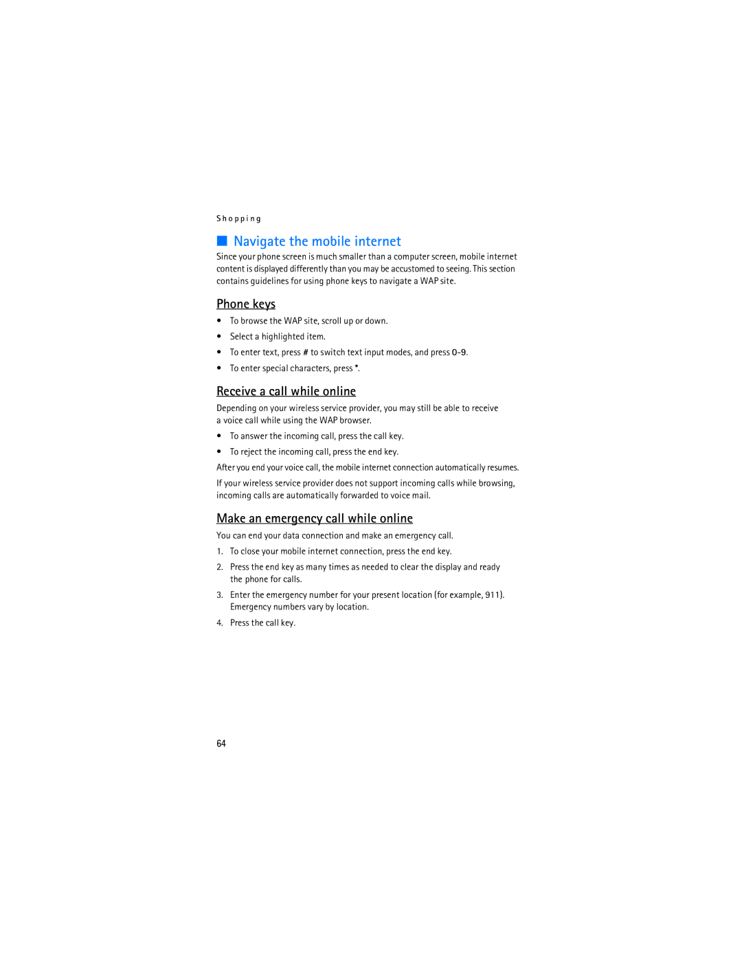 Nokia 6275i manual Navigate the mobile internet, Receive a call while online, Make an emergency call while online 