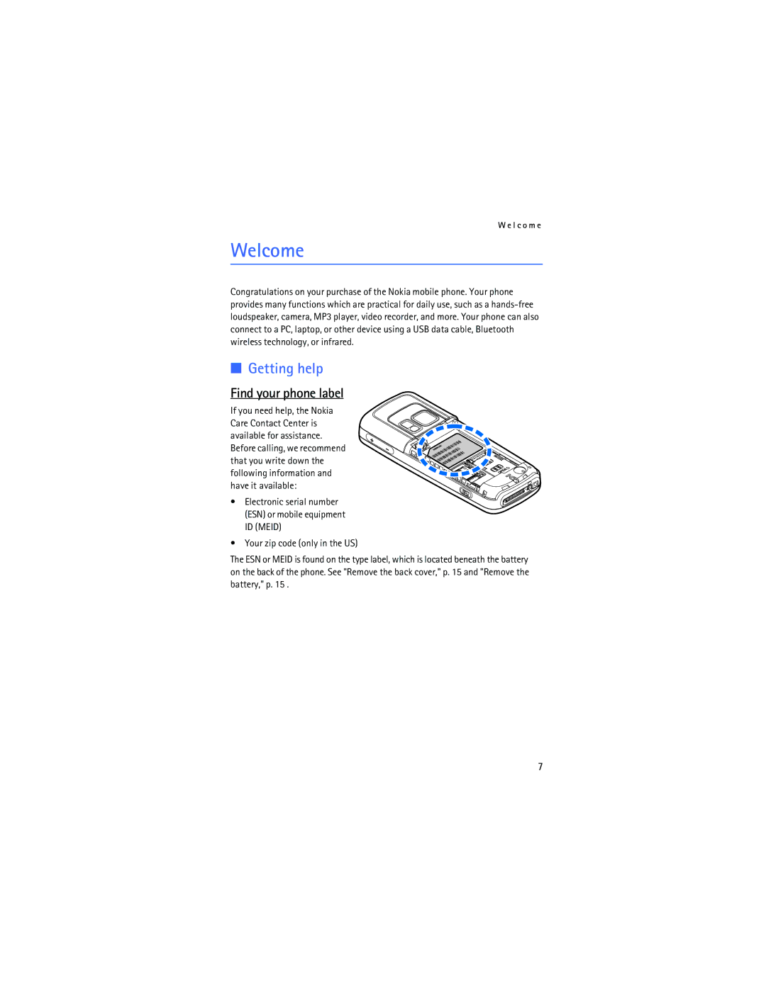 Nokia 6275i manual Welcome, Getting help, Find your phone label 