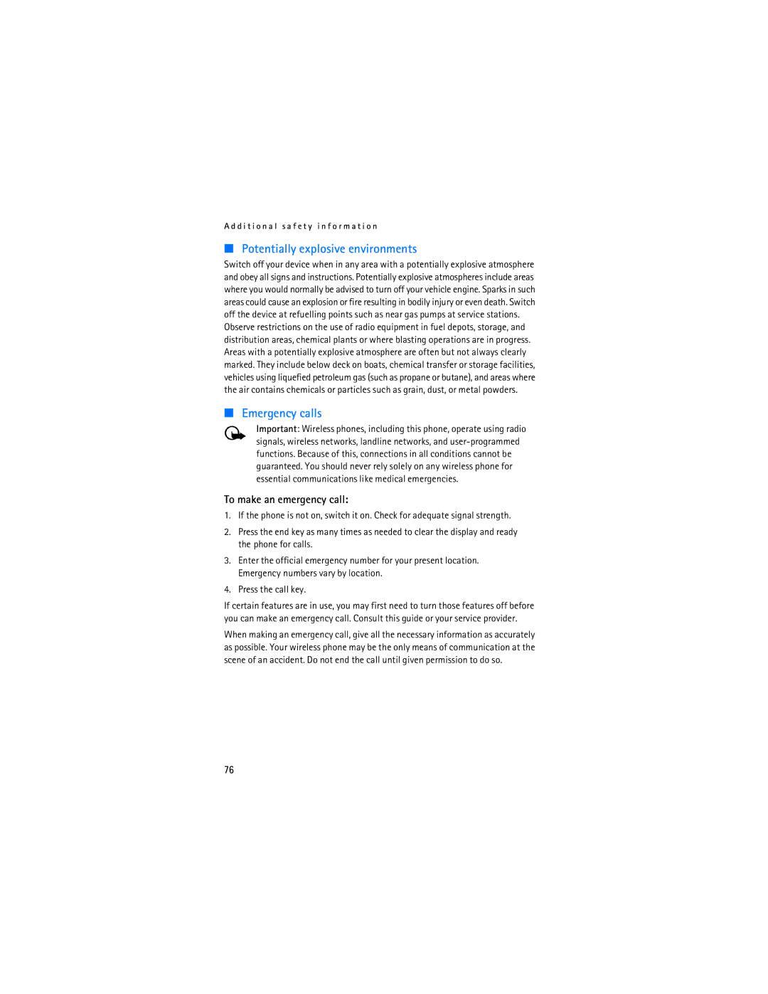 Nokia 6275i manual Potentially explosive environments, To make an emergency call 