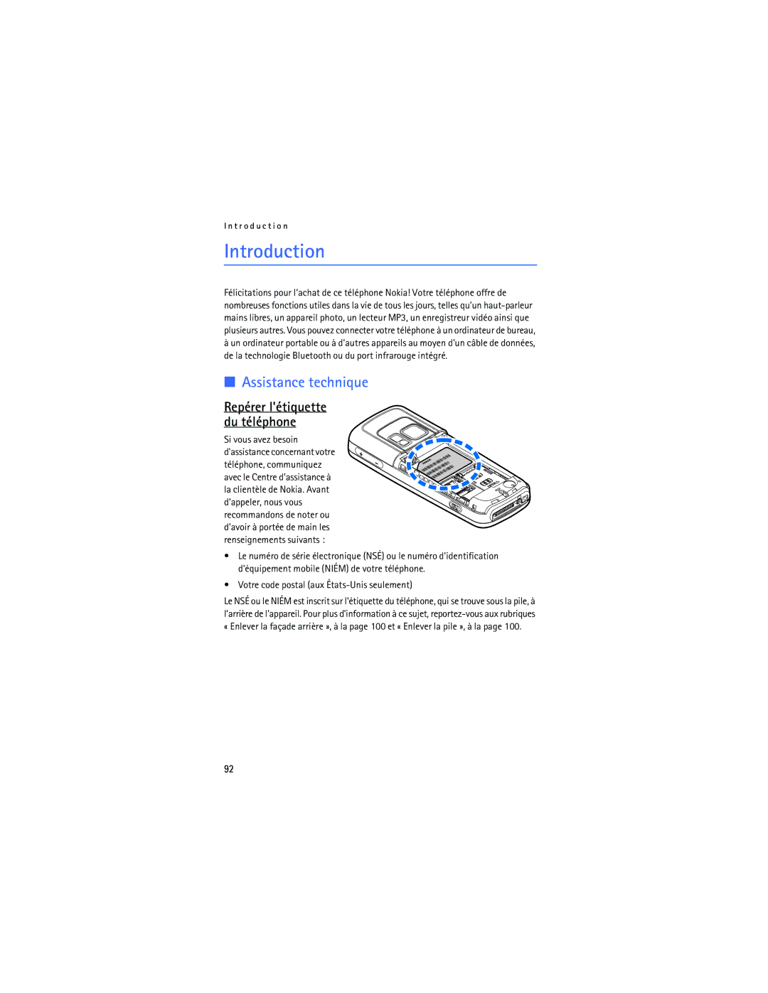 Nokia 6275i manual Introduction, Assistance technique, Repérer létiquette du téléphone 