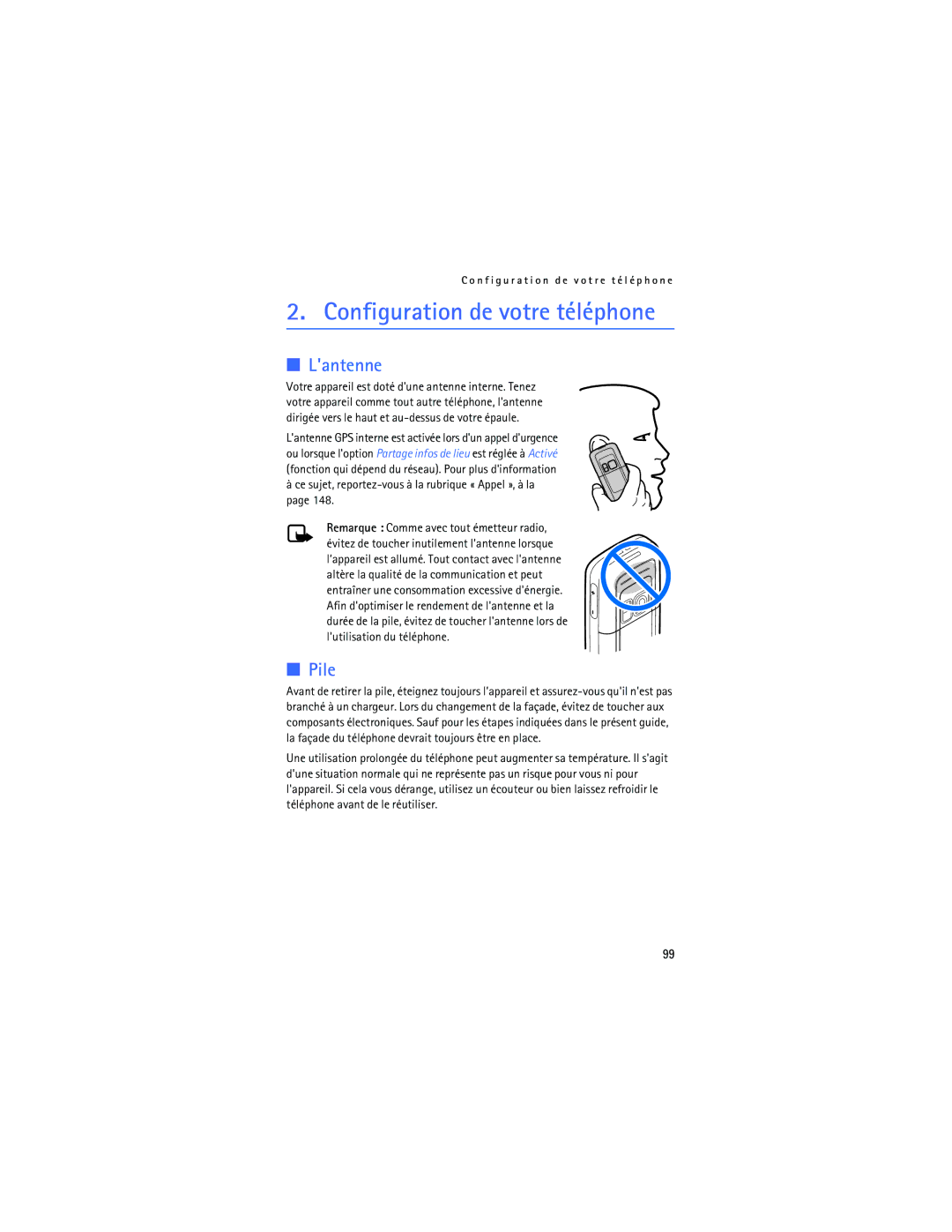 Nokia 6275i manual Configuration de votre téléphone, Lantenne, Pile 