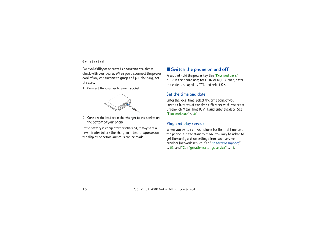 Nokia 6300 manual Switch the phone on and off, Set the time and date, Plug and play service 