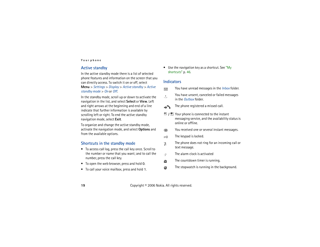 Nokia 6300 manual Active standby, Shortcuts in the standby mode, Indicators 