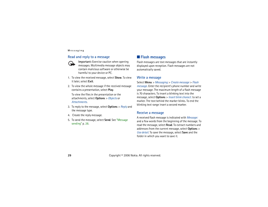 Nokia 6300 manual Flash messages, Write a message, Receive a message 