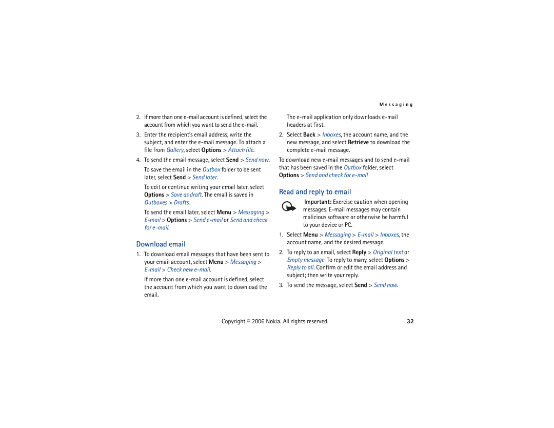 Nokia 6300 manual Download email, Read and reply to email 