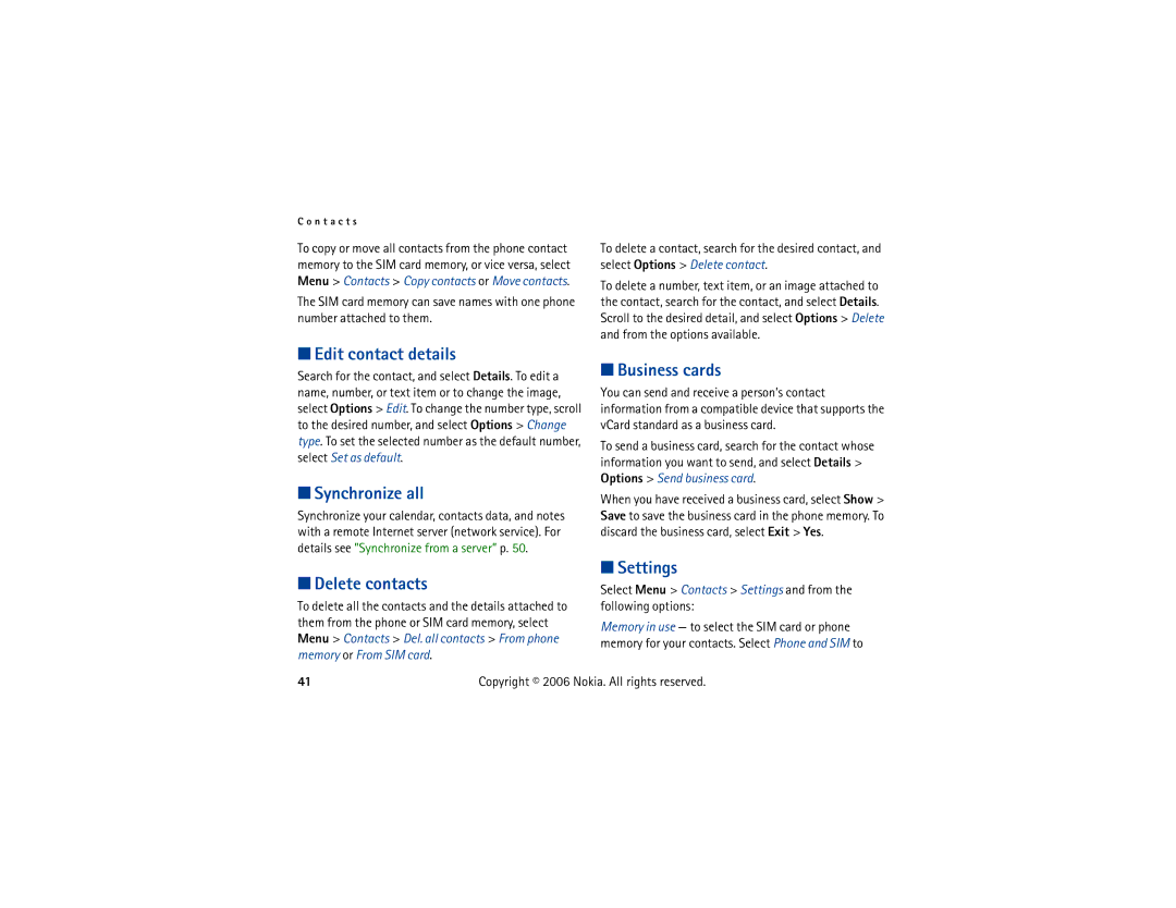 Nokia 6300 manual Edit contact details, Synchronize all, Business cards, Delete contacts, Settings 