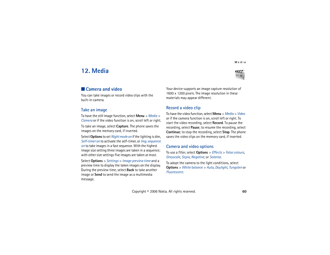 Nokia 6300 manual Media, Take an image, Record a video clip, Camera and video options 