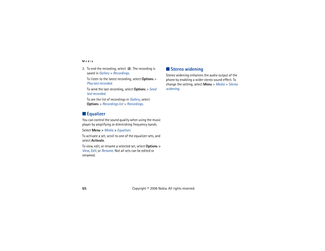 Nokia 6300 manual Equalizer, Stereo widening, Select Menu Media Equaliser 