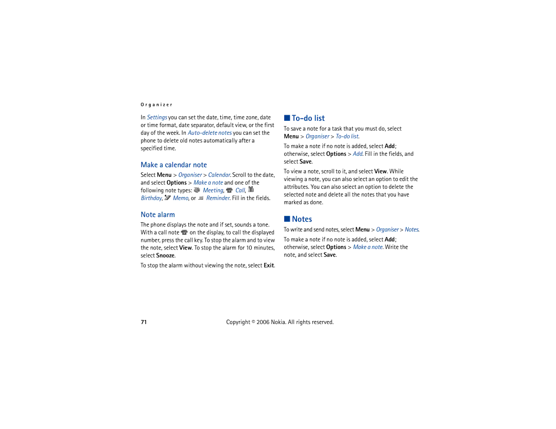 Nokia 6300 manual To-do list, Make a calendar note 