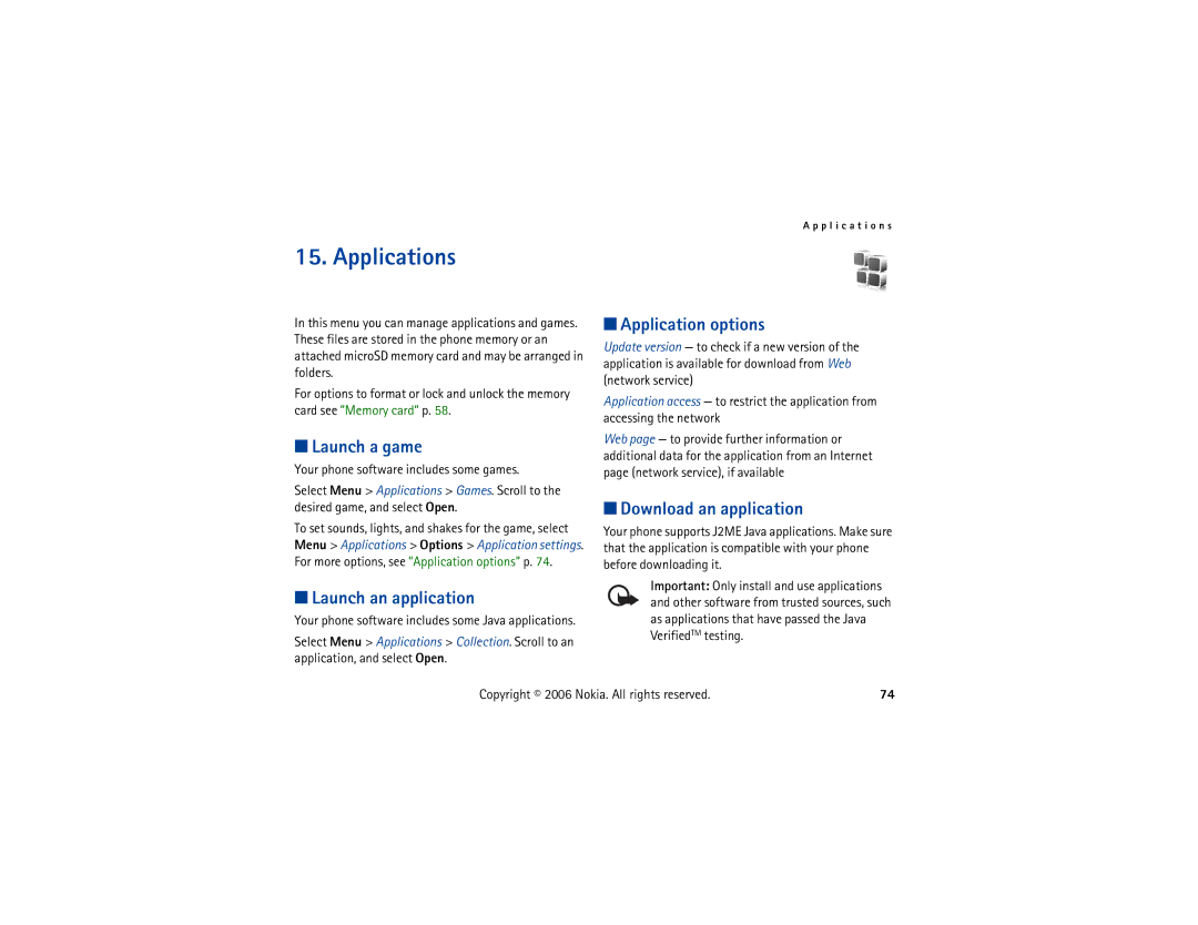 Nokia 6300 manual Applications, Launch a game, Launch an application, Application options, Download an application 