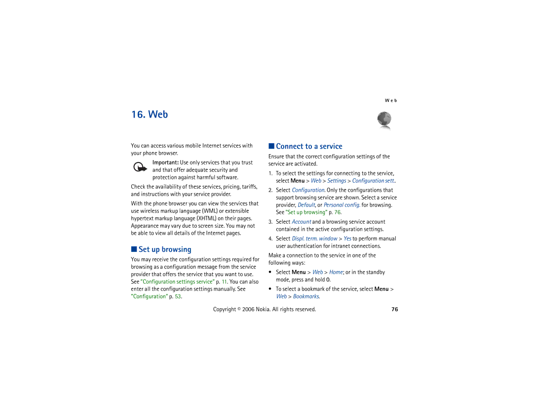 Nokia 6300 manual Web, Set up browsing, Connect to a service 