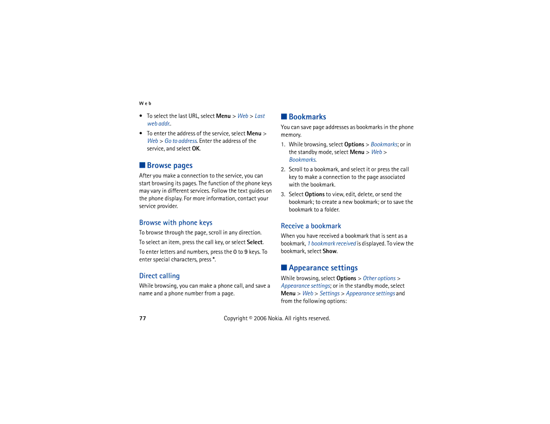 Nokia 6300 manual Browse pages, Bookmarks, Appearance settings 
