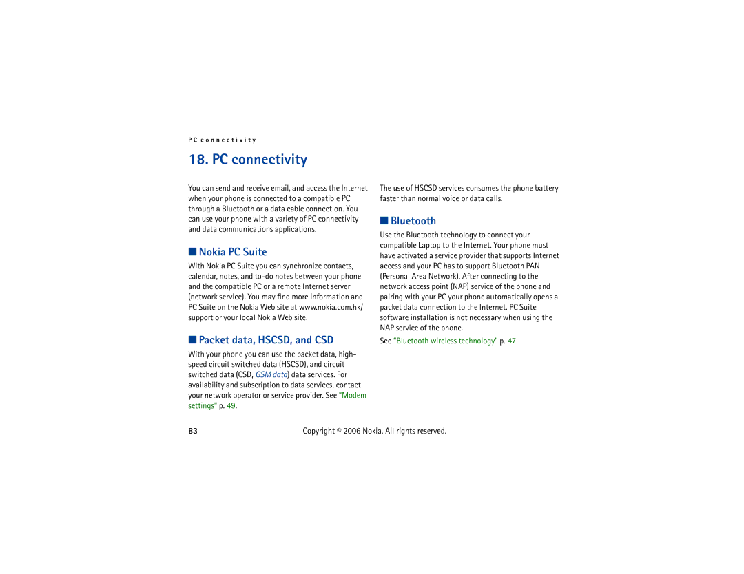 Nokia 6300 manual PC connectivity, Nokia PC Suite Packet data, HSCSD, and CSD, Bluetooth 