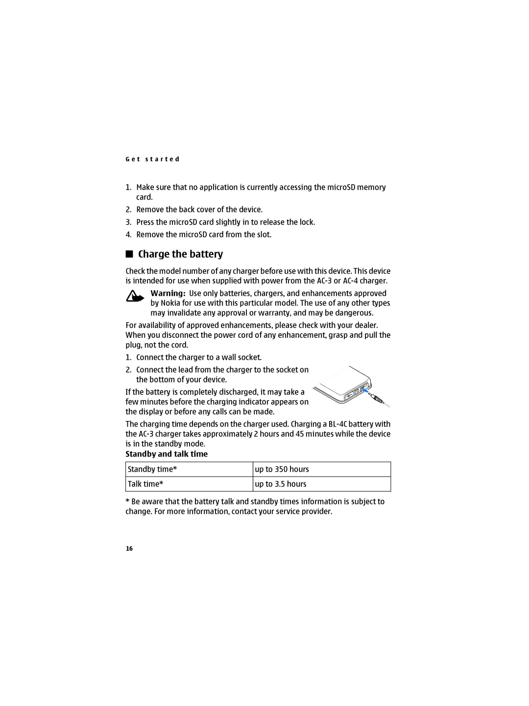 Nokia 6300B manual Charge the battery, Standby and talk time 