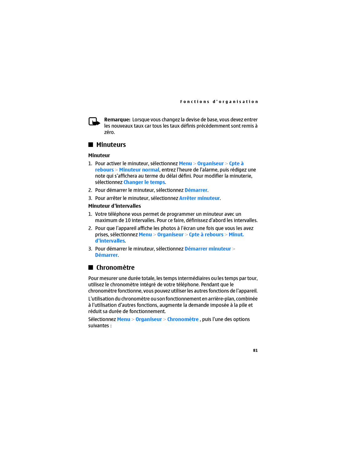 Nokia 6300B manual Minuteurs, Chronomètre, Minuteur dintervalles, Démarrer 