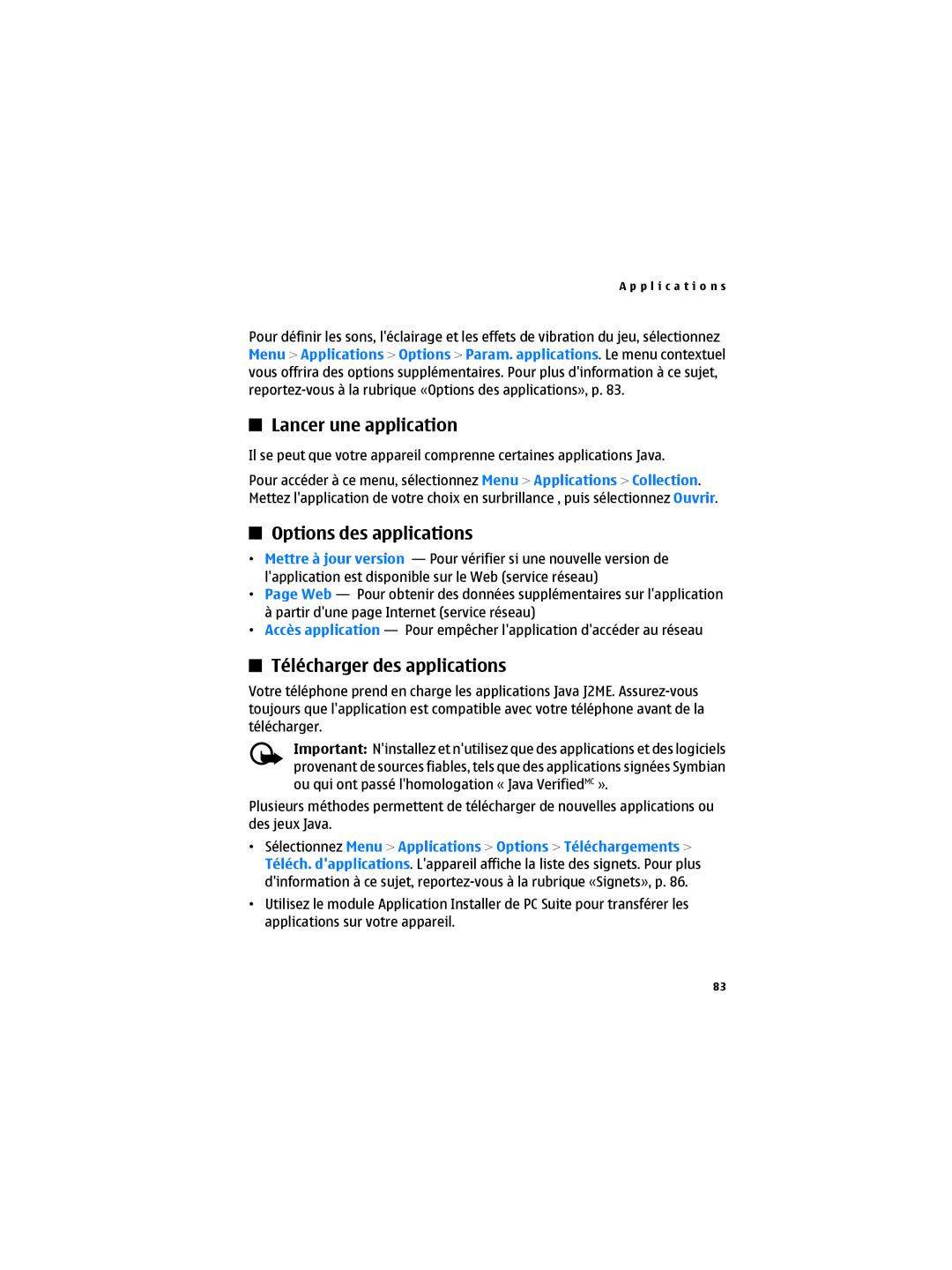 Nokia 6300B manual Lancer une application, Options des applications, Télécharger des applications 