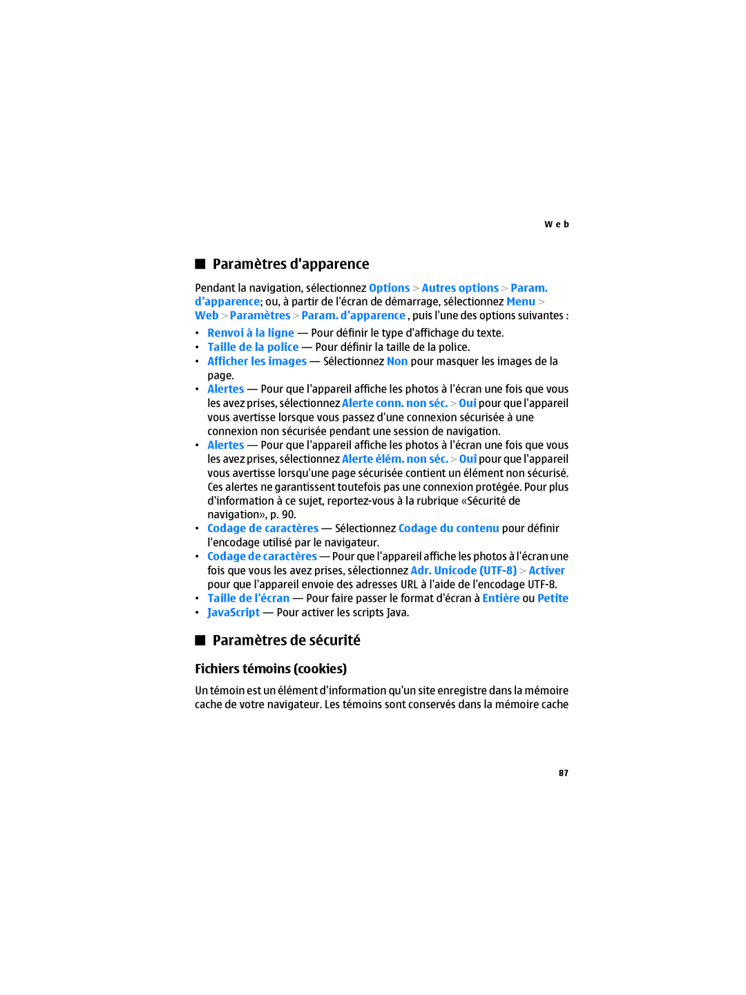 Nokia 6300B manual Paramètres dapparence, Paramètres de sécurité, Fichiers témoins cookies 