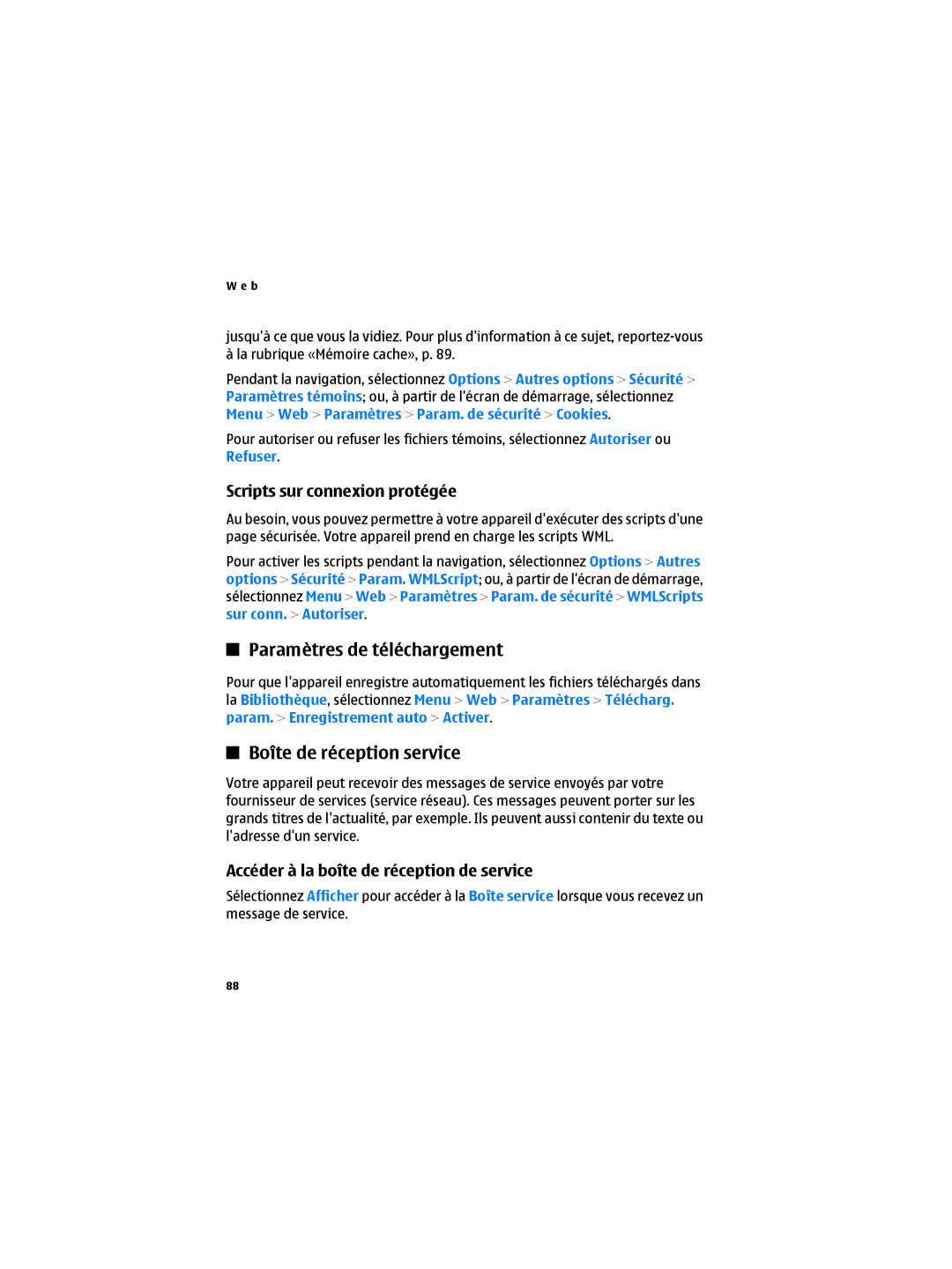 Nokia 6300B manual Paramètres de téléchargement, Boîte de réception service, Scripts sur connexion protégée 