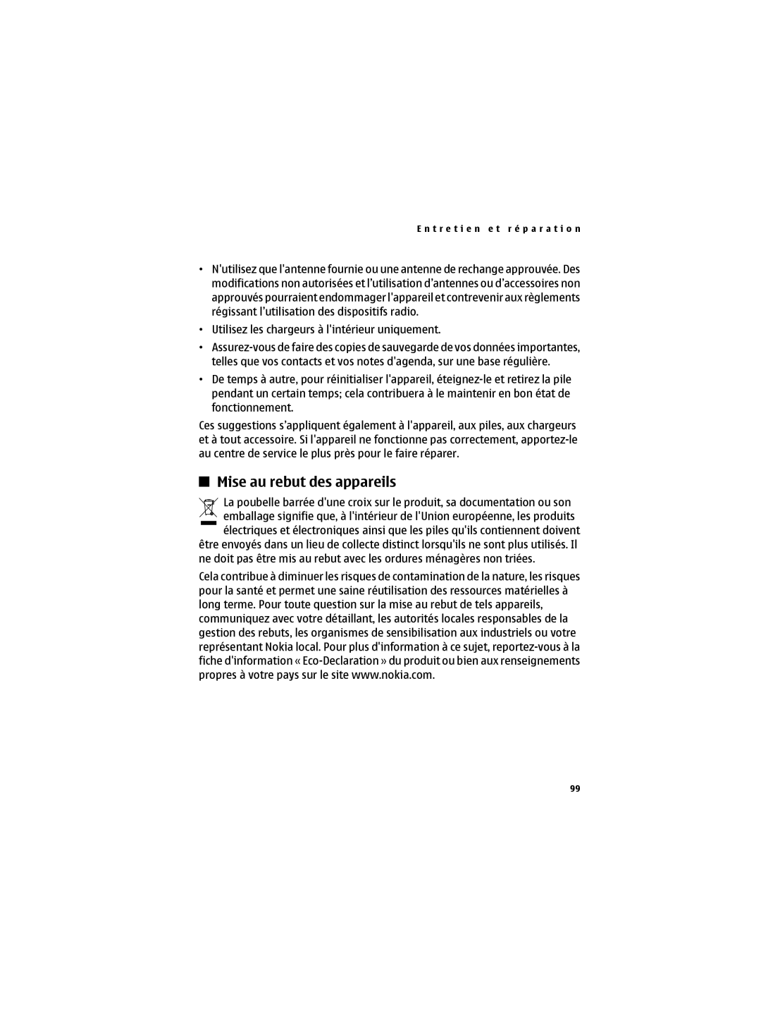 Nokia 6300B manual Mise au rebut des appareils, Utilisez les chargeurs à lintérieur uniquement 