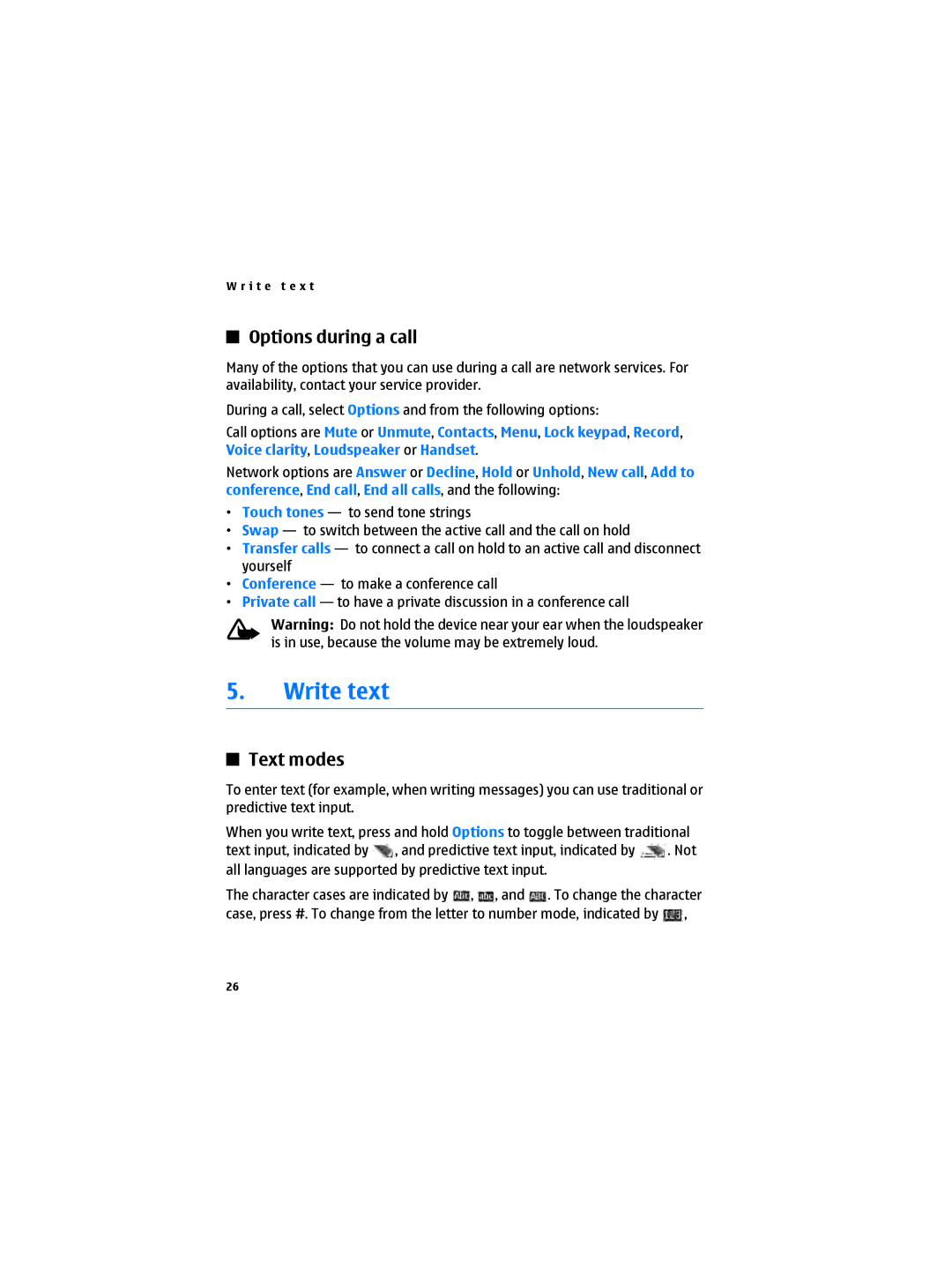 Nokia 6300B manual Write text, Options during a call, Text modes 