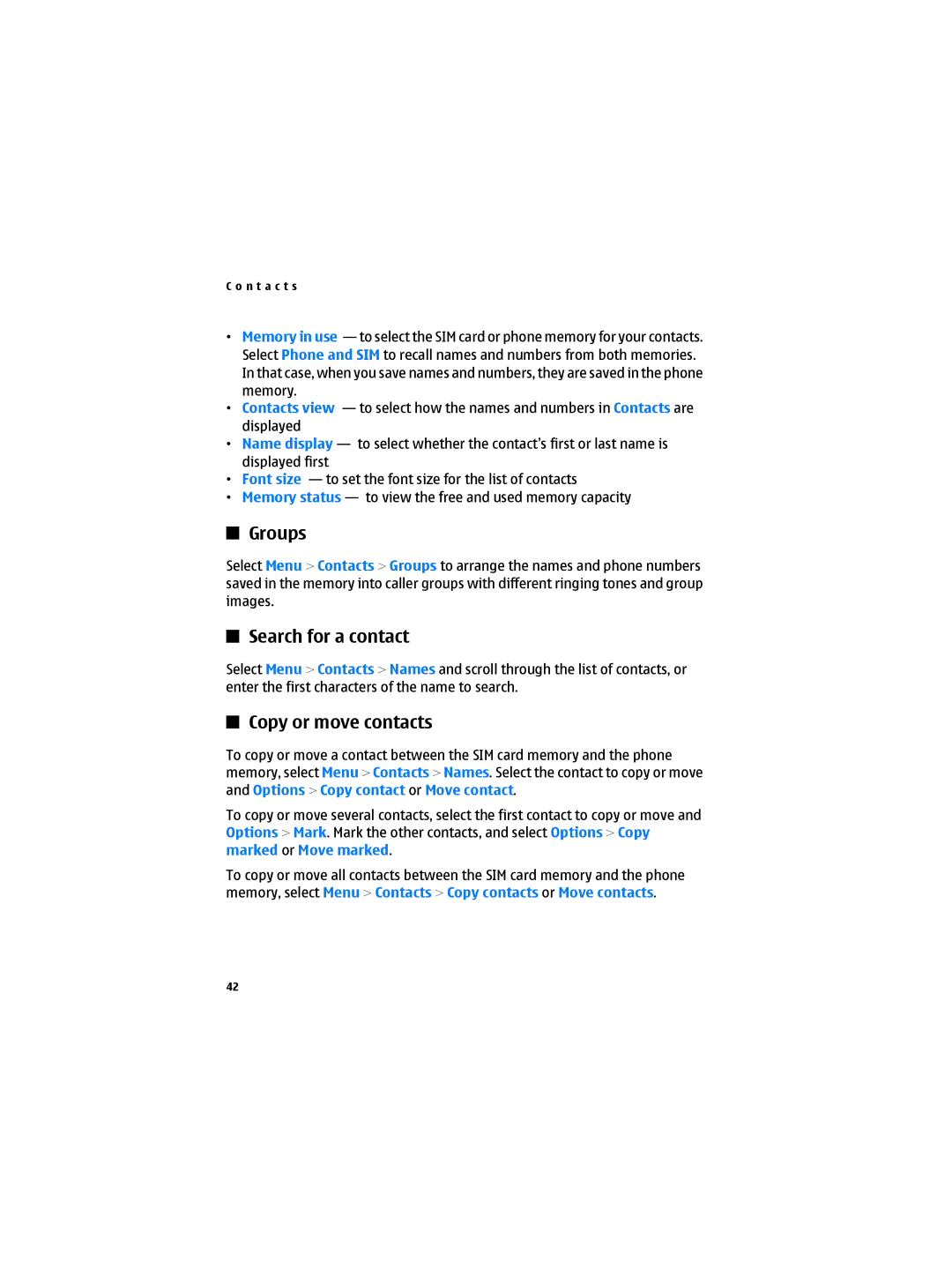 Nokia 6300B manual Groups, Search for a contact, Copy or move contacts 
