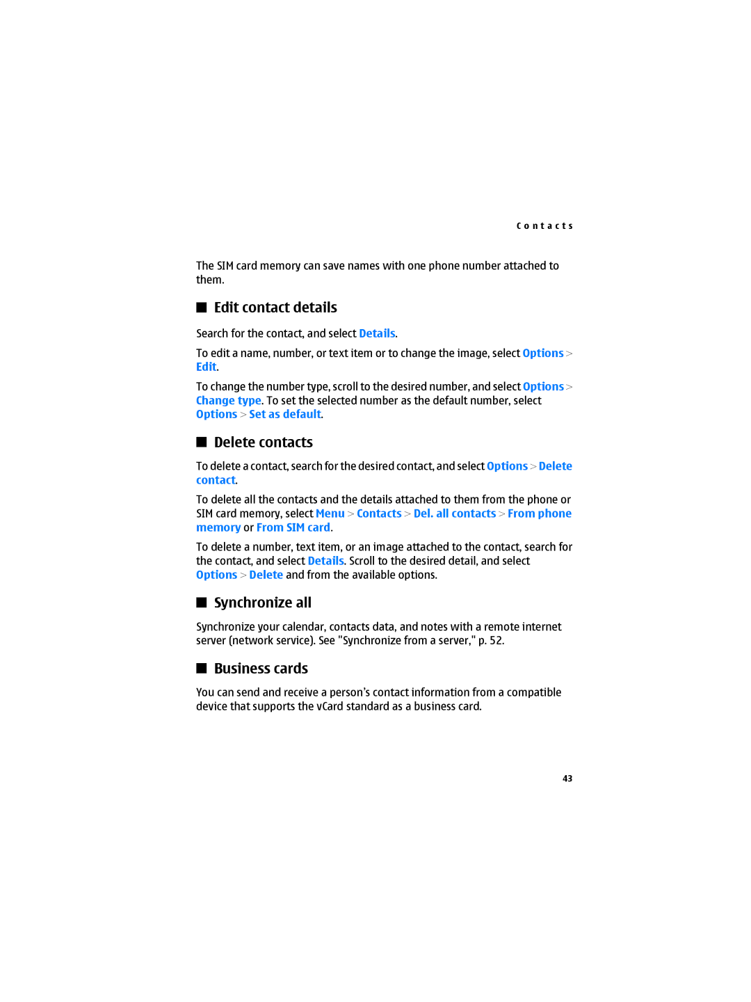 Nokia 6300B manual Edit contact details, Delete contacts, Synchronize all, Business cards 
