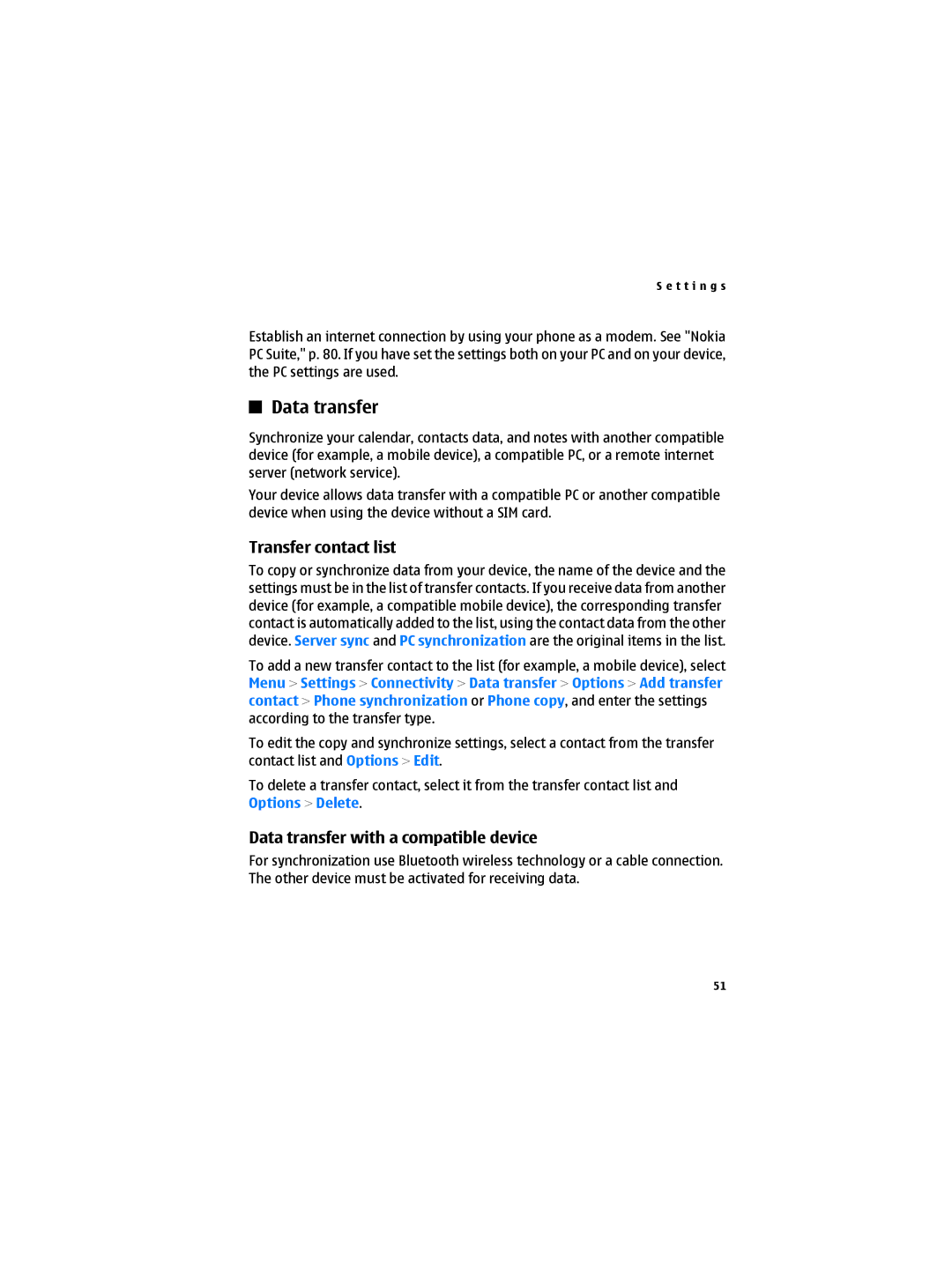 Nokia 6300B manual Transfer contact list, Data transfer with a compatible device, Options Delete 