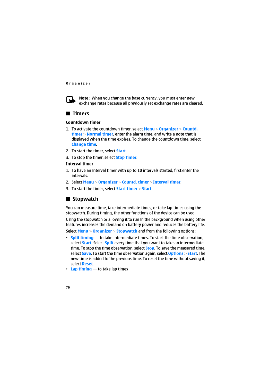 Nokia 6300B manual Timers, Stopwatch, Countdown timer, Select Menu Organizer Countd. timer Interval timer 