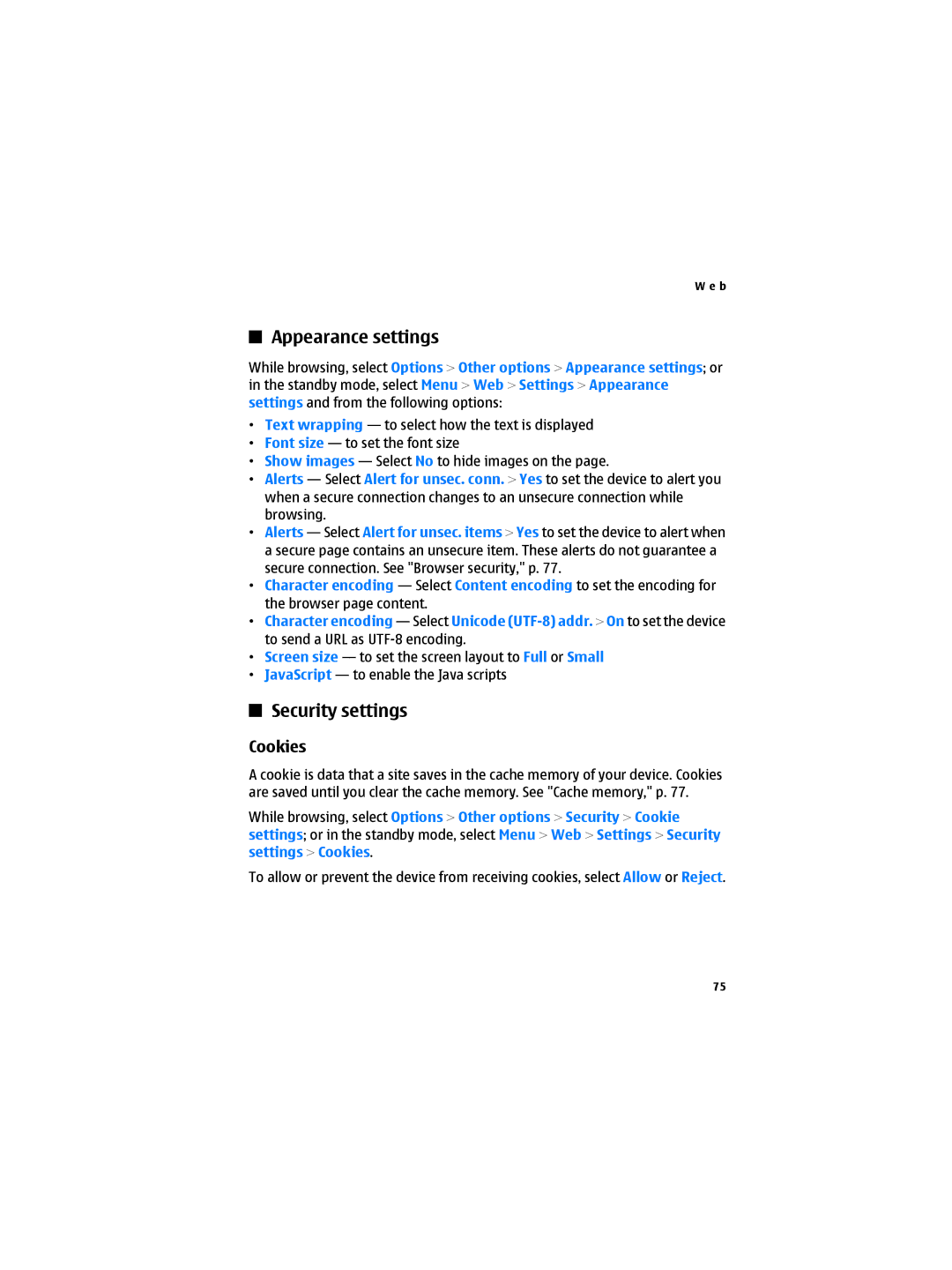 Nokia 6300B manual Appearance settings, Security settings, Cookies 