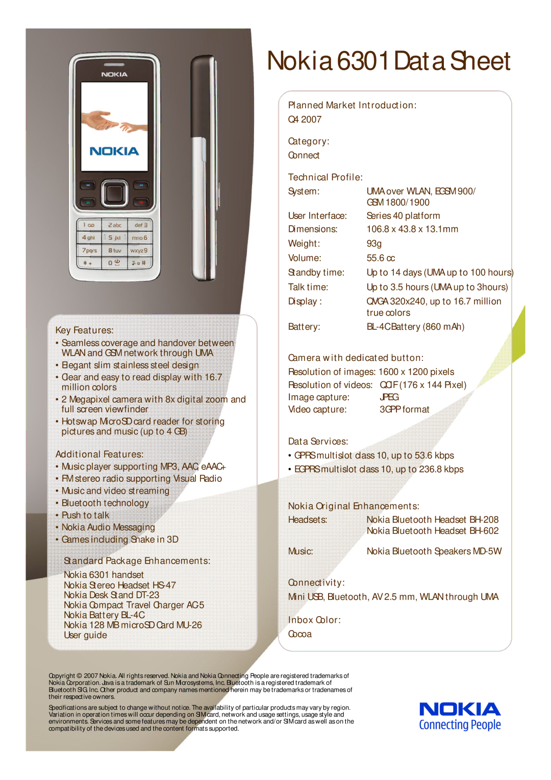 Nokia specifications Nokia 6301 Data Sheet 