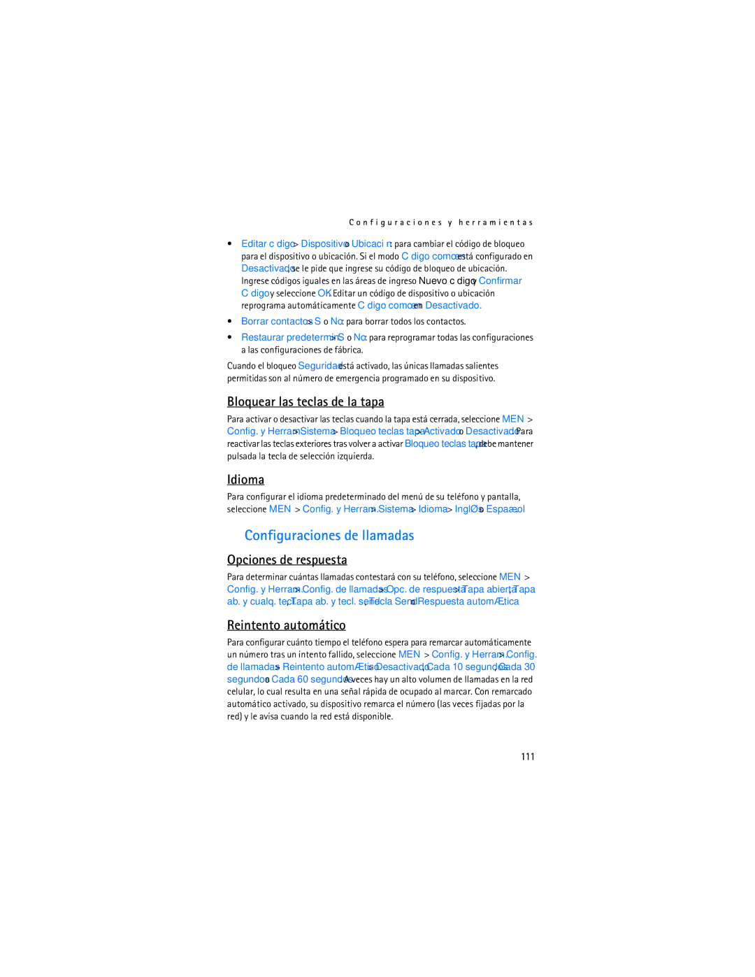 Nokia 6305i manual Configuraciones de llamadas, Bloquear las teclas de la tapa, Idioma, Opciones de respuesta 