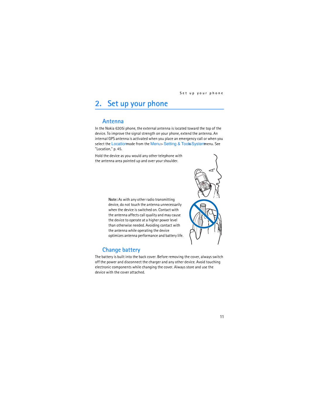 Nokia 6305i manual Set up your phone, Antenna, Change battery 