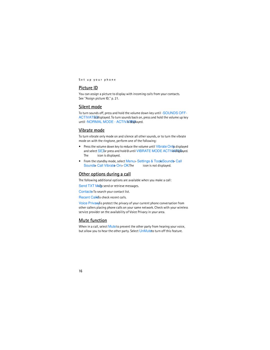 Nokia 6305i manual Picture ID, Silent mode, Vibrate mode, Other options during a call, Mute function 