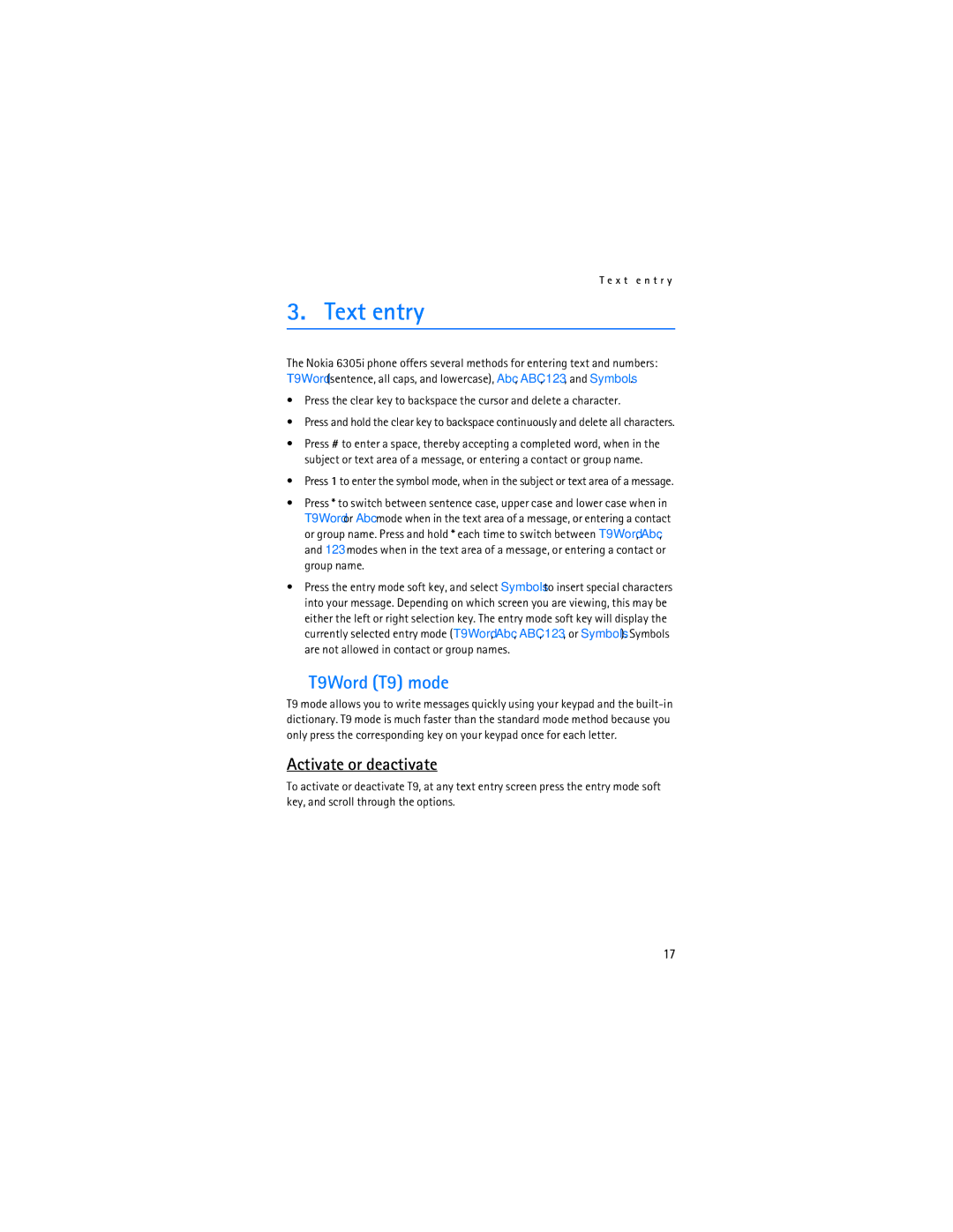 Nokia 6305i manual Text entry, T9Word T9 mode, Activate or deactivate 