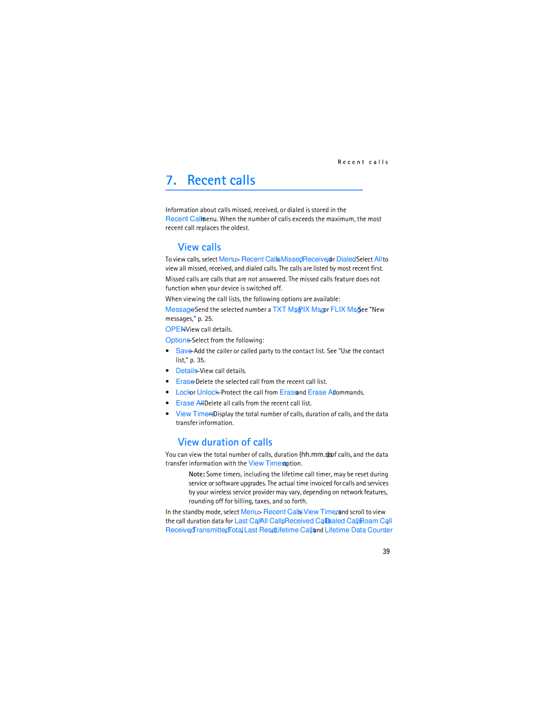 Nokia 6305i manual Recent calls, View calls, View duration of calls 