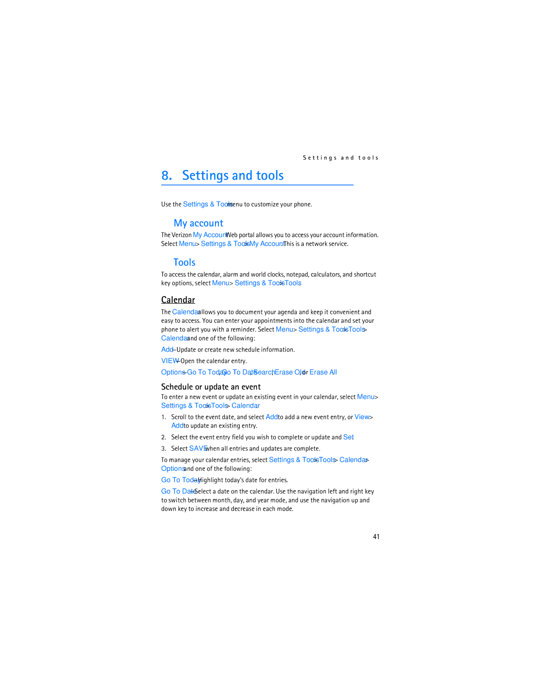 Nokia 6305i manual Settings and tools, My account, Tools, Calendar, Schedule or update an event 