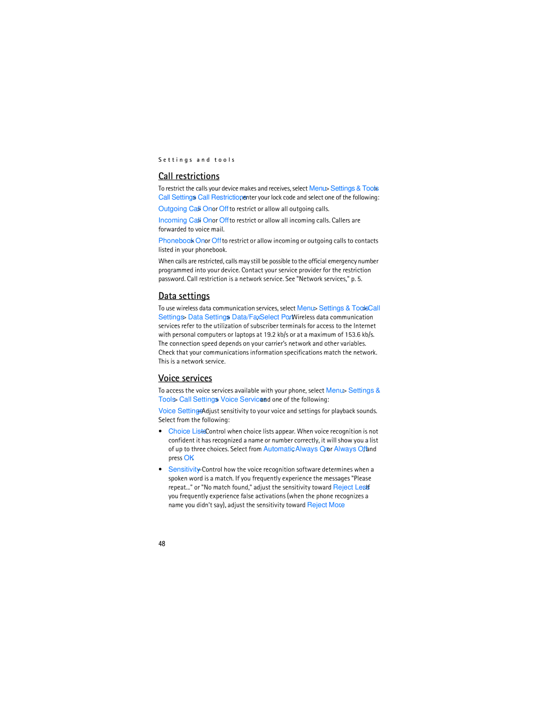 Nokia 6305i manual Call restrictions, Data settings, Voice services 